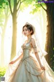 A woman in a wedding dress standing in the woods.