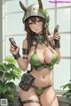 A woman in a green bikini holding two guns.