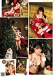 A collage of photos of a woman in a santa outfit.