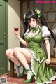 A woman in a green dress sitting on a bench holding a glass of wine.