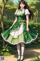 A woman in a green dress is standing in the woods.