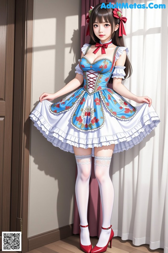 A woman in a blue and white dress and red shoes.