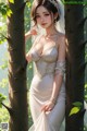 A woman in a wedding dress leaning against a tree.