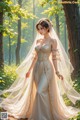 A woman in a wedding dress walking through a forest.