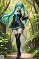 A woman with long blue hair standing in a forest.